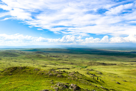 Aerial view of the grassland in the Khakassia, Siberia, Russia, Sahsyrの写真素材