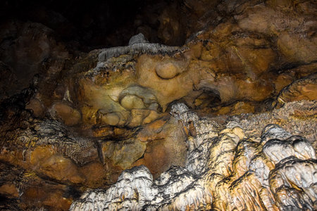 Stalactites and stalagmites in the cave. Borodino Cave, Khakassia, Siberia, Russiaの写真素材