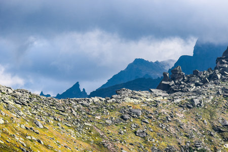 Mountain landscape in the clouds. Ergaki Nature Park, Russia, Krasnoyarsk Territory, Siberiaの写真素材