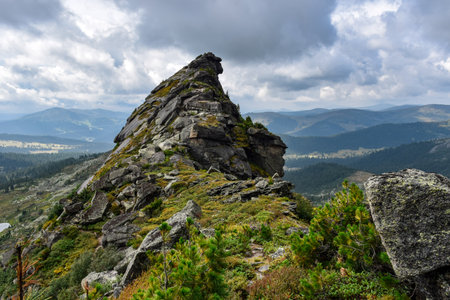 View from the top of the mountain in the Ergaki, Krasnoyarsk Territory, Siberia, Russiaの写真素材