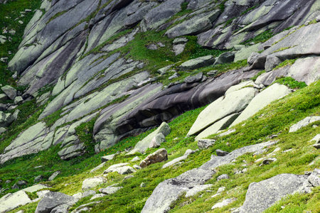 Mountain landscape with green grass and rocks in the high alpine. Ergaki Nature Park,Russia,...