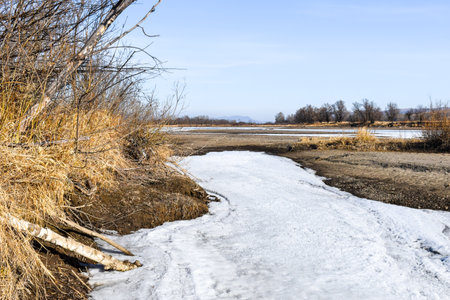 Spring in the field. last snow. springtime, springtide, prime. Khakassia, Siberia, Russiaの写真素材
