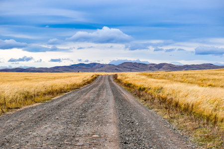 Gravel road in the steppe against the blue sky and clouds. Khakassia, Siberia, Russiaの写真素材