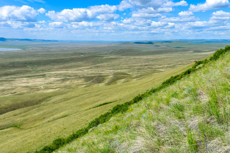 View of the steppe from the top of the mountain. Khakassia, Siberia, Russiaの写真素材