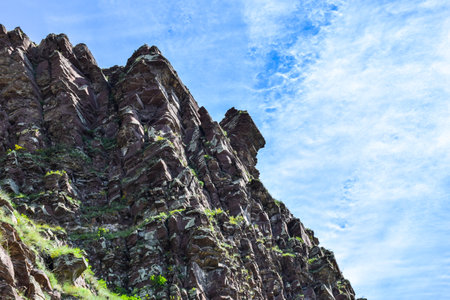 Mountain landscape with blue sky and white clouds, natural background. Khakassia, Siberia, Russiaの写真素材