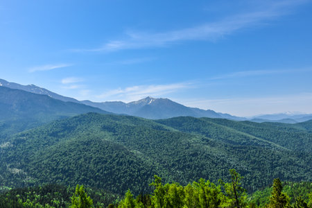 Panoramic view of the mountain range in the Khakassia, Siberia, Russiaの写真素材
