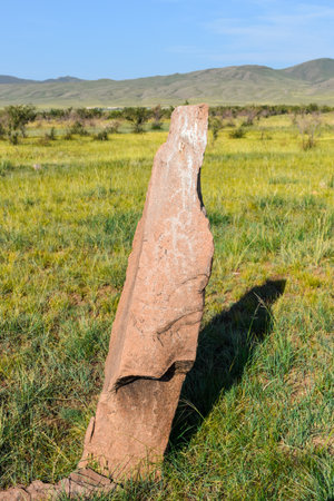 Ancient stone in the grassland of the Khakassia, Siberia, Russiaの写真素材