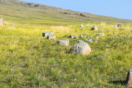 Ancient megalithic monuments in the steps of Khakassia, Siberia, Russiaの写真素材