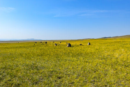 Khakassia, Siberia, Russia steppe with grassland under blue sky.の写真素材