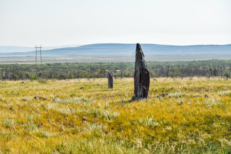 Megalithic megalithic stone in the steppe. Khakassia, Siberia, Russiaの写真素材
