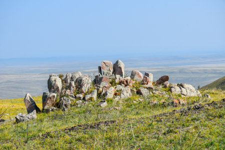 Stone pillars in the Khakassia, Siberia, Russia, Sahsyr. The concept of active and photo tourismの写真素材