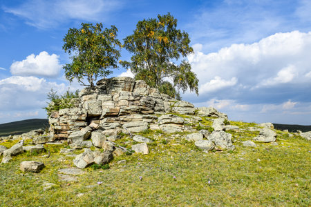 Stone temple on the hillside in the Khakassia, Siberia, Russia, Sahsyrの写真素材