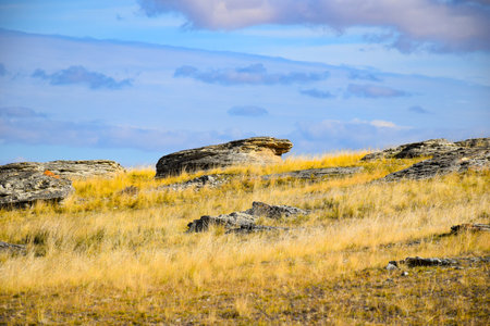 Rock formations in the steps of Khakassia, Siberia, Russiaの写真素材
