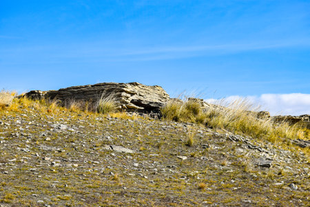 Natural landscape of Khakassia, Siberia, Russia and grassland under blue skyの写真素材