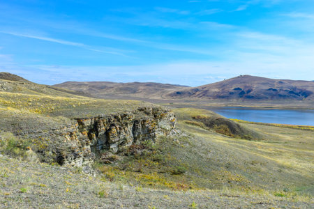 Spring in the steppe, the river flows into the lake. Khakassia, Siberia, Russia, Sahsyrの写真素材
