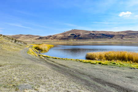 Landscape with lake and blue sky in Khakassia, Siberia, Russia, Sahsyrの写真素材