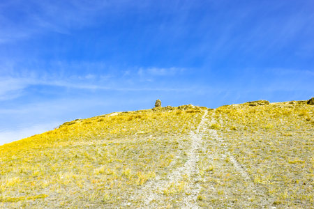 Mountain landscape with blue sky and white clouds in Khakassia, Siberia, Russia, Sahsyrの写真素材