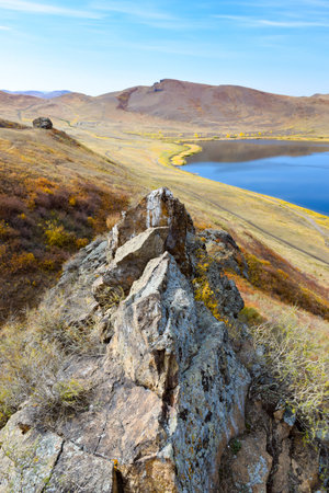 Landscape of mountains and lake in the autumn. Khakassia, Siberia, Russia, Sahsyrの写真素材