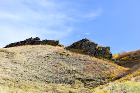 rocky hillside under the blue sky, closeup of photo. Khakassia, Siberia, Russiaの写真素材