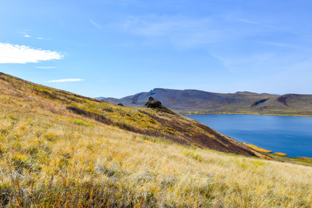 Beautiful autumn landscape on the shores of Khakassia, Siberia, Russiaの写真素材