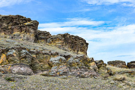 Rocky hills of the Khakassia, Siberia, Russia Mountains against the blue sky.の写真素材