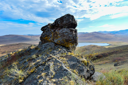 rocky hill in steppe, Khakassia, Siberia, Russiaの写真素材