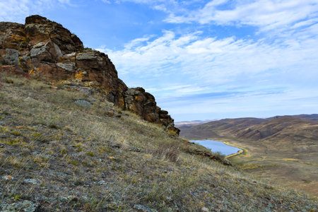 Mountain landscape under the blue sky, Khakassia, Siberia, Russiaの写真素材