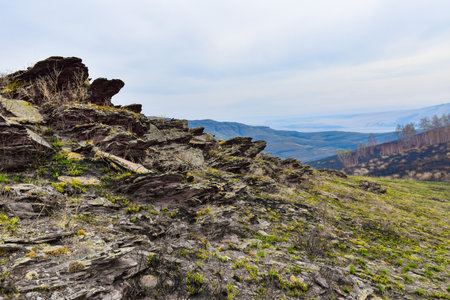 Rocky slope of a mountain in the Russia, Krasnoyarsk Territory, Siberia, Tepsay, Yenisei