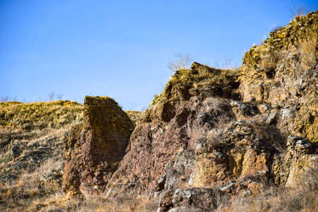 rocky hill in steppe against the blue sky, nature series. Khakassia, Siberia, Russia
