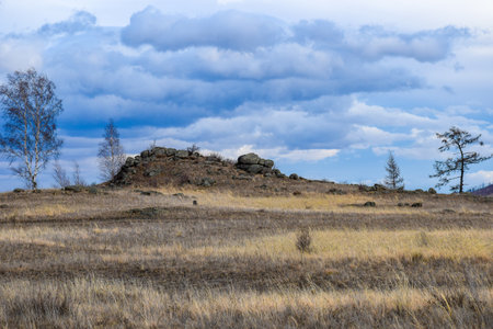 Landscape in the steppe. Early spring in the steppe. Khakassia, Siberia, Russiaの写真素材