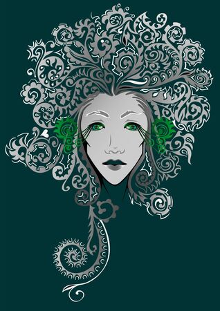 face of a young girl with a decorative hair on a dark backgroundのイラスト素材
