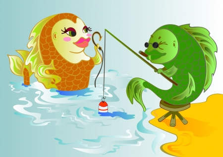 fisherman caught a beautiful gold fish in the lakeのイラスト素材