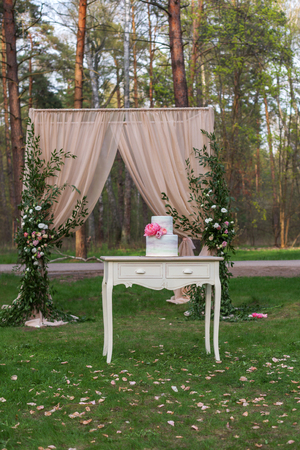 Vintage wooden table with the wedding cake standing on a green lawn. Cake decorated with fresh peonies on the background of pine forestの写真素材