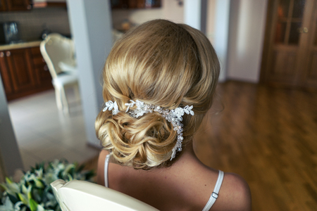Portrait of attractive young woman with beautiful hairstyle and stylish hair accessory, rear viewの写真素材
