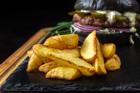 French fries in the background hamburger.の写真素材