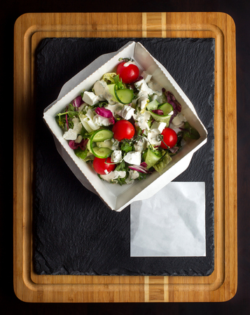 Greek salad with brynza top view.の写真素材