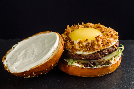 Hamburger with beef meat and egg.の写真素材