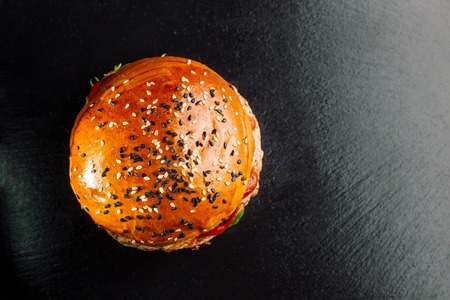 Hamburger, with white and black sesame. Place for the inscription.