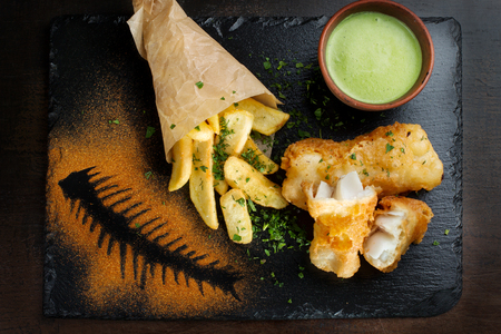 Fish in batter, French friesの写真素材