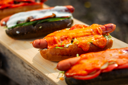 Hotdog with salad, cheese and red pepper, on wooden board.の写真素材