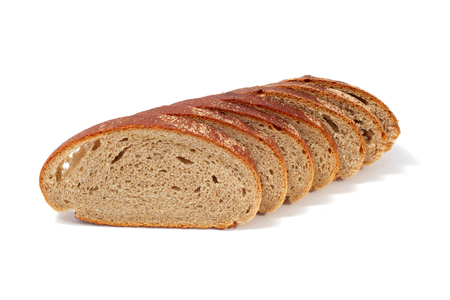 Slices of rye bread isolated on white background. Many pieces.の写真素材