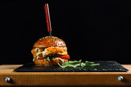 Hamburger with two types of meat, chicken and beef.の写真素材