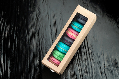 Multi-colored almond macaroni biscuits in a box.の写真素材