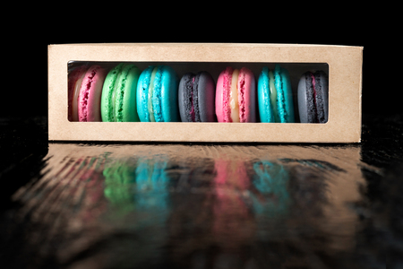 Multi-colored almond macaroni biscuits in a box.の写真素材