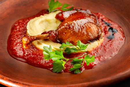 Roasted duck leg with mashed potatoes and tomato sauce.の写真素材