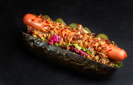 Homemade Hot Chili Dog with Onions and sauce.の写真素材