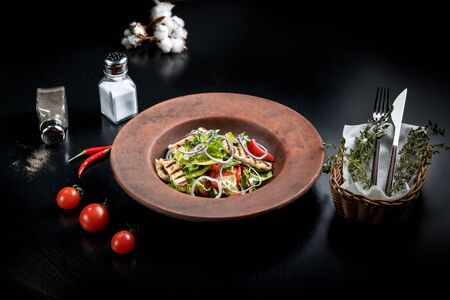 Fresh salad with grilled cheese, tomatoes, olives, lettuce and arugula.の写真素材