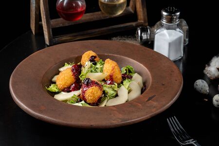 Tasty Homemade Cheese Donuts Jam, poured with pear and salad.の写真素材