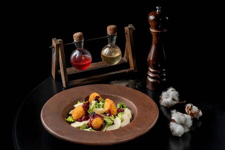 Tasty Homemade Cheese Donuts Jam, poured with pear and salad.の写真素材