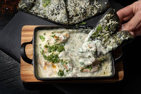Cheese casserole with chicken and herbs. Beautiful baked crust.の写真素材